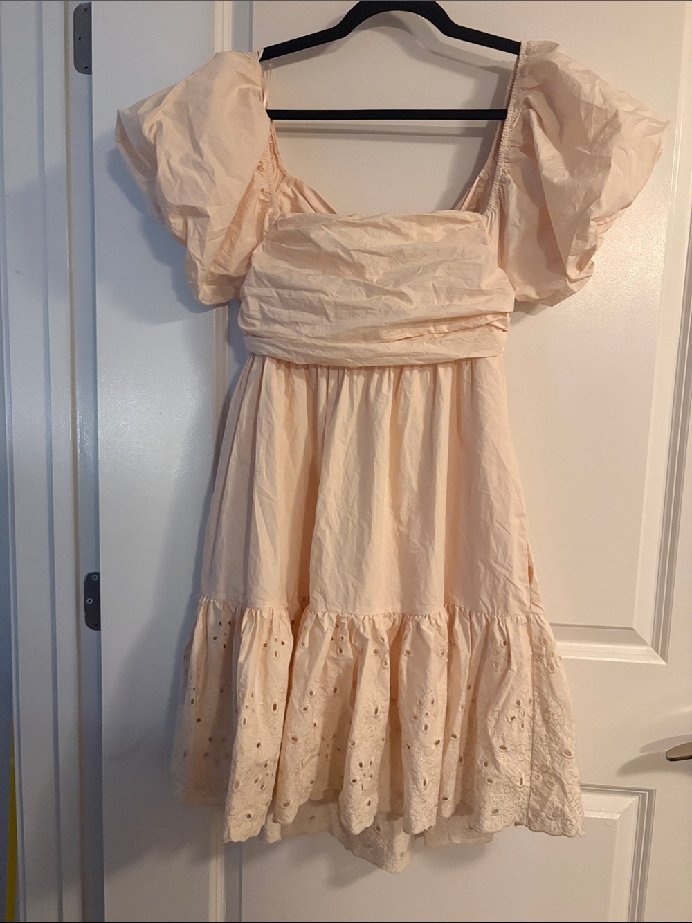 En Saison Puff-Sleeve Eyelet Mini Dress in Peach
